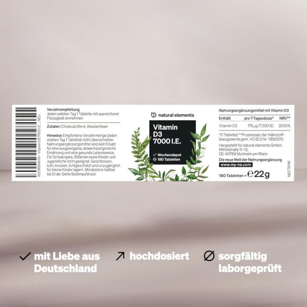 Vitamin D3 7000 I.E. – 180 Tabletten – das Sonnenvitamin als Wochendepot – hochdosiert, ohne unnötige Zusätze – in Deutschland produziert & laborgeprüft – Bild 5