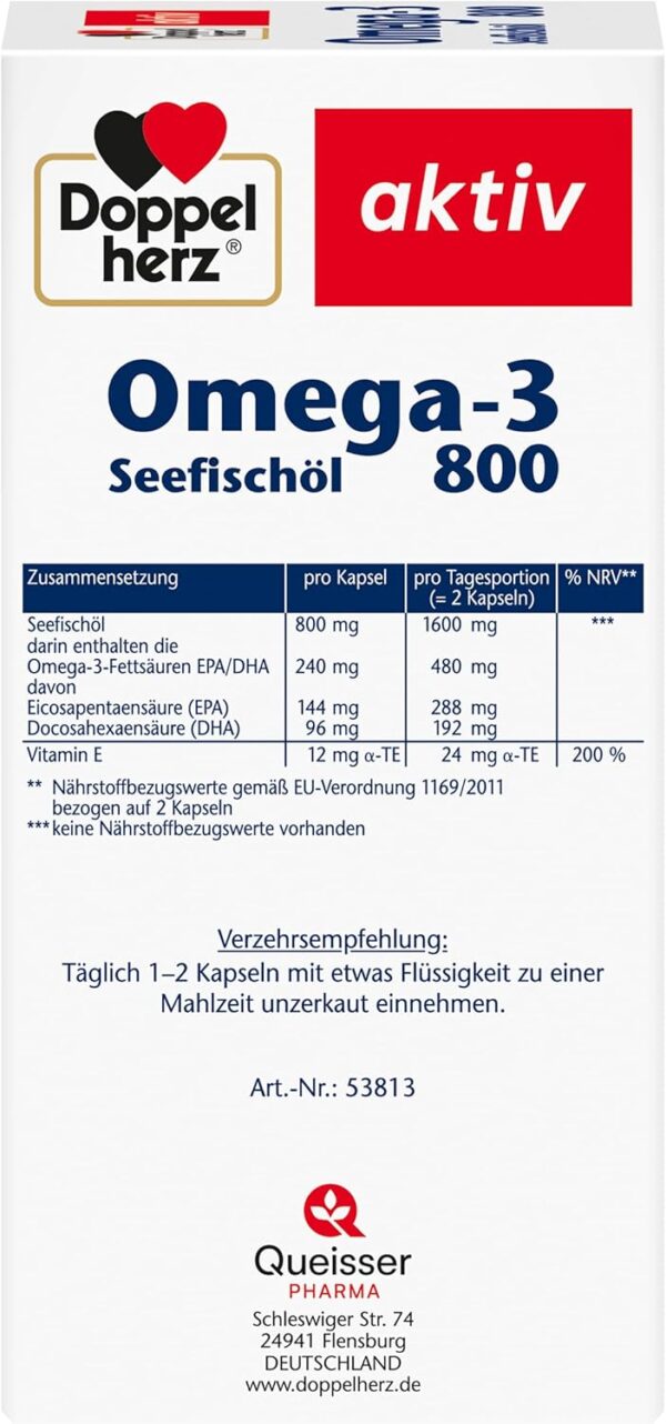 Doppelherz Omega-3 Seefischöl 800 – Mit EPA und DHA sowie Vitamin B1 als Beitrag für die normale Herzfunktion – 120 Kapseln – Bild 3