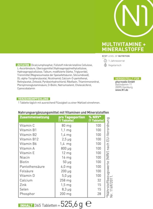 N1 Multivitamin Tabletten hochdosiert - Alle Vitamine + Mineralien - 365 Tabl. Jahresvorrat - vegetarisch - Nahrungsergänzungsmittel – Bild 6
