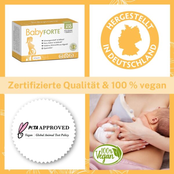 BabyFORTE® Folsäure ohne Jod + Omega-3 vegan mit Algenöl | 17 Schwangerschaftsvitamine ohne Jod + Quatrefolic® | 60 Kapseln | ab 1. Trimester – Bild 3