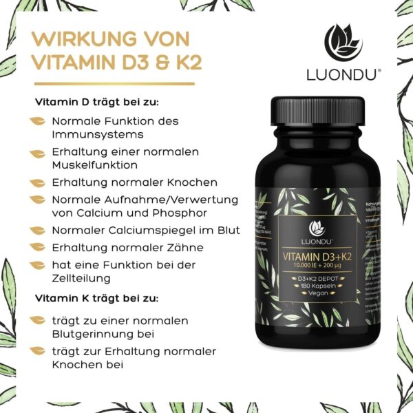 Luondu Vitamin D3 10.000 I.E + Vitamin K2 MK7 200 mcg Depot (Hochdosiert & Vegan) Vitamin D3 K2 Kapseln hochdosiert (180 Kapseln) – Bild 4