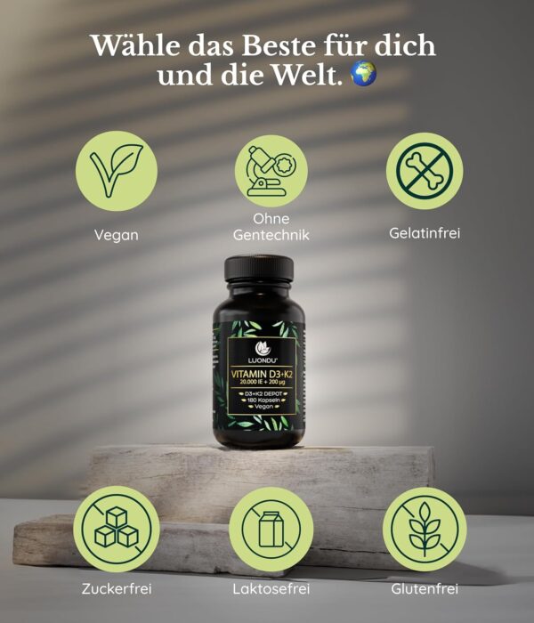 Luondu Vitamin D3 20.000 I.E + Vitamin K2 MK7 200 mcg Depot (Hochdosiert & Vegan) hochdosiert I Ohne Zusätze, Hergestellt in DE (180 Kapseln) – Bild 4