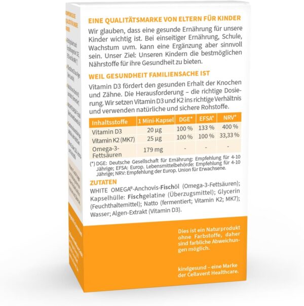 Vitamin D3+K2 für Kinder – zuckerfrei – 800 IE Vitamin D3 – mit 25 µg Vitamin K2 und 194 mg Omega-3 – 45 Mini-Kapseln (1,5 Monate) – Bild 6
