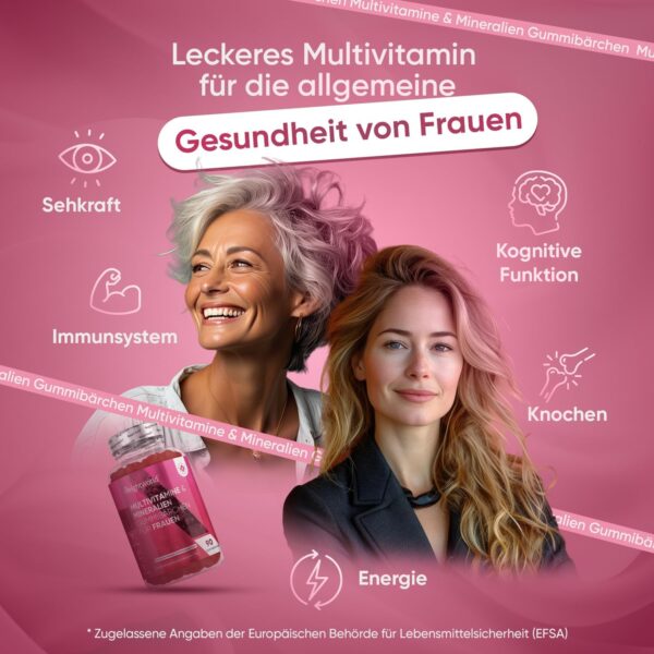 Multivitamin Gummies für Frauen - Mit Hyaluron, Nachtkerzenöl, Coenzym Q10, Folsäure, Zink, Vitamin C, B12, Biotin - Für Immunsystem, Haut & Stoffwechsel - 90 Gummibärchen - Erdbeer & Himbeergeschmack – Bild 2