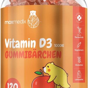 Vitamin D3 Kinder Gummibärchen - 1000IE Vitamin D3 als Cholecalciferol - 120 Orangen Fruchtgummies - 1 Gummie alle 2 Tage - Alternative zu Tropfen - maxmedix