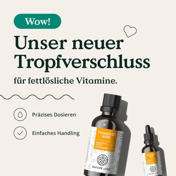 NATURE LOVE® Vitamin D3 1000 (50ml flüssig) – Laborgeprüfte 1000 I.E. pro Tropfen – in MCT-Öl aus Kokos – Vitamin D hochdosiert – hoch bioverfügbar, sehr hohe Stabilität und ohne unnötige Zusätze – Bild 2