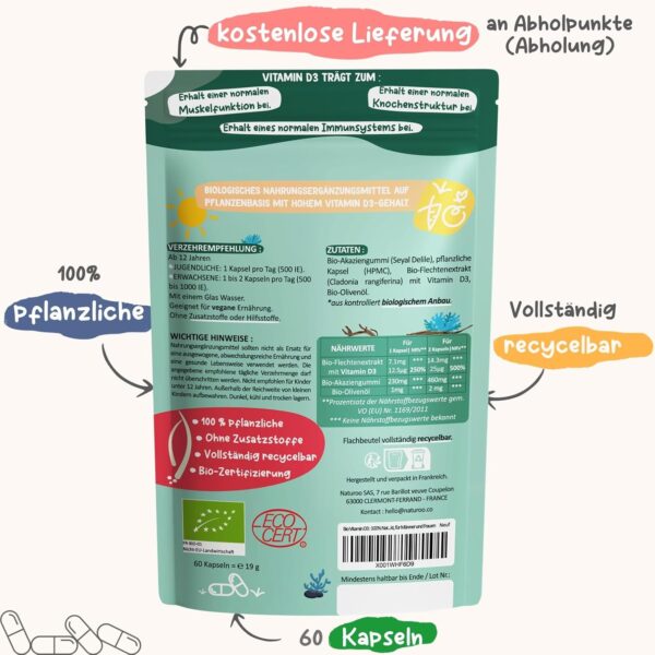 Bio Vitamin D : 100% Natürlich & Hochwertig | 60 Kapseln vegan hochdosiert | bio Vitamin D3 mit Flechtenextrakt für 2 Monate, für Männer und Frauen – Bild 3