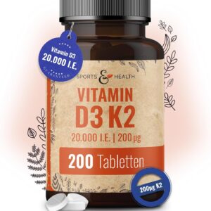 Vitamin D3 K2 Tabletten -200 Tabletten - Vitamin D Hochdosiert 20000 IE + 200µg Vitamin K2-Mk7 - D3 K2 Depot - Vegetarisch - Vitamin D3 K2 Hochdosiert