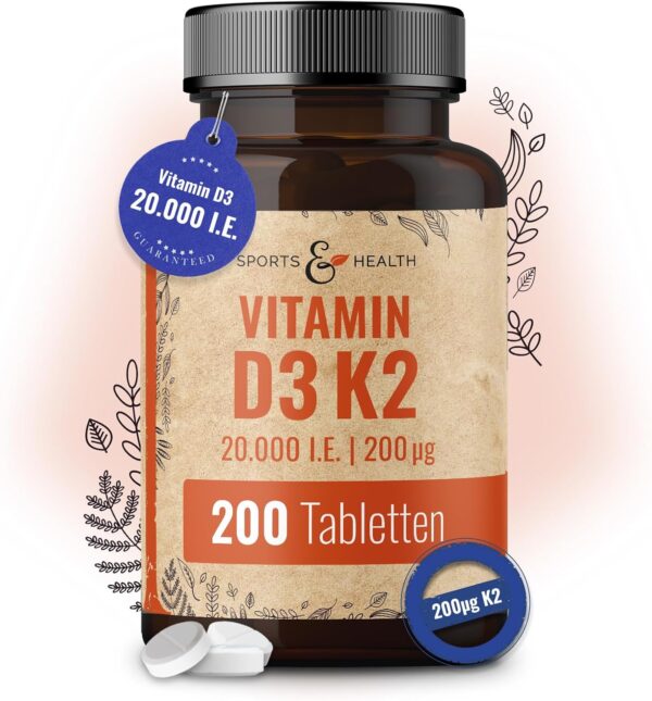 Vitamin D3 K2 Tabletten -200 Tabletten - Vitamin D Hochdosiert 20000 IE + 200µg Vitamin K2-Mk7 - D3 K2 Depot - Vegetarisch - Vitamin D3 K2 Hochdosiert