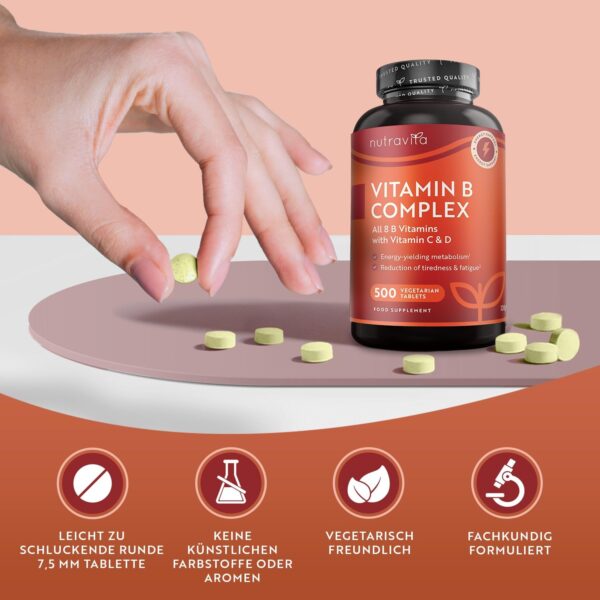 Vitamin B Komplex mit Vitamin C + D + Biotin - 500 Tabletten für +1 Jahr Vorat, Stoffwechsel, Psychische Funktion, Nervensystem (EFSA) - Nutravita – Bild 6