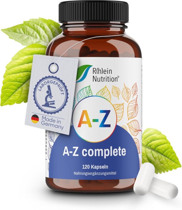 A-Z Complete - Multivitamin Kapseln Hochdosiert - Mineralien - 120 Kapseln - Zink Vitamin B Komplex Magnesium - Vegan Ohne Zusätze - in Deutschland hergestellt - Rhein Nutrition