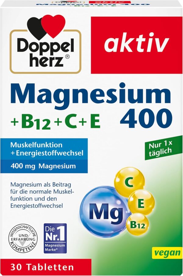 Doppelherz Magnesium 400 + B12 + C + E - Magnesium unterstützt die Muskeln und das Nervensystem - 30 vegane Tabletten