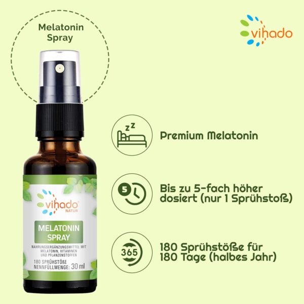 Vihado Natur Melatonin Spray - Plus: Ashwagandha, Lavendel, Tryptophan, Vitamin B Komplex - 180 Tage Vorrat - Melatonin Spray hochdosiert - Mit gereinigtem Osmosewasser - vegan, 30 ml – Bild 2