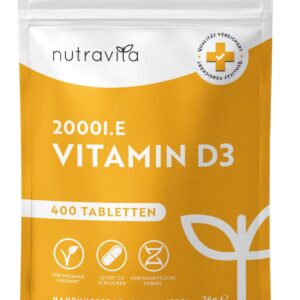 Vitamin D3 2000 I.E - 400 Tabletten (1+ Jahr) - Vegetarisch - Hochdosiert Sonnenvitamin für Immunsystem, Knochen, Zähne & Muskeln - Vitamin D Hochdosiert - Laborgeprüft Cholecalciferol - Nutravita