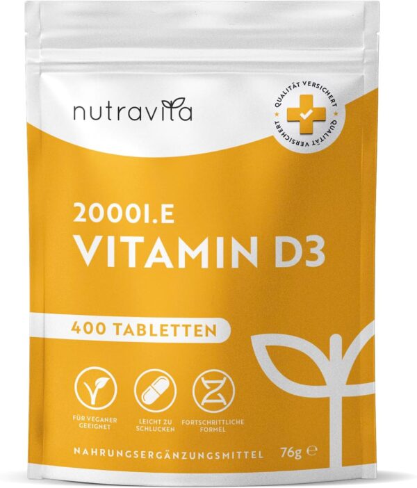 Vitamin D3 2000 I.E - 400 Tabletten (1+ Jahr) - Vegetarisch - Hochdosiert Sonnenvitamin für Immunsystem, Knochen, Zähne & Muskeln - Vitamin D Hochdosiert - Laborgeprüft Cholecalciferol - Nutravita