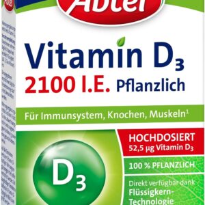 Abtei Vitamin D3 Pflanzlich - Veganes Nahrungsergänzungsmittel für Immunsystem, Knochen und Muskeln - hochdosiert, laktosefrei, glutenfrei, direkt verfügbar - 1 x 24 Flüssigkapseln