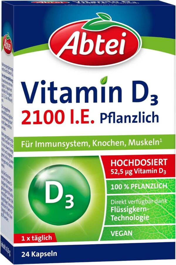 Abtei Vitamin D3 Pflanzlich - Veganes Nahrungsergänzungsmittel für Immunsystem, Knochen und Muskeln - hochdosiert, laktosefrei, glutenfrei, direkt verfügbar - 1 x 24 Flüssigkapseln