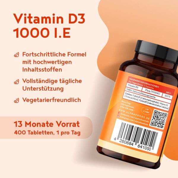 Vitamin D3 1000 I.E. – 400 Tabletten über 1 Jahr Vorrat – Vitamin D für Immunsystem, Knochen, Zähne & Muskeln – Hochdosiert - Vegetarisch - Alpha Foods – Bild 3
