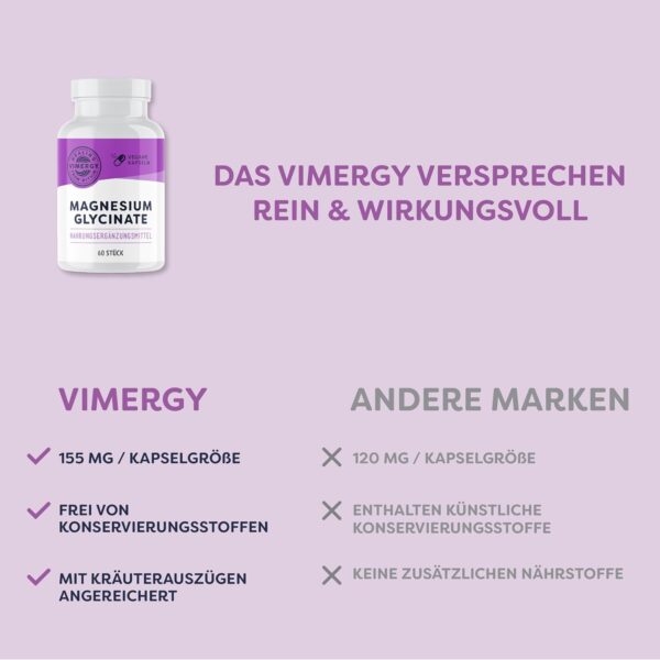 Vimergy Magnesium Glycinat Mineral Nahrungsergänzungsmittel – 30 Kapseln – Unbedenkliche Magnesium Hochdosiert Kapseln – Kurkuma & Ingwer – Glutenfrei, ohne Gentechnik – Für Keto-/Paleo Ernährung – Bild 4