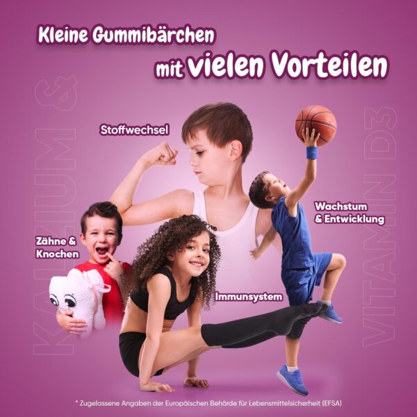 Calcium & Vitamin D3 Gummibärchen für Kinder - 90 vegetarische Gummies - 320 mg Kalzium & 800 IE Vitamin D3 - Für Immunsystem, Stoffwechsel & Knochen (EFSA) - Erdbeere & Vanille Geschmack - maxmedix – Bild 4