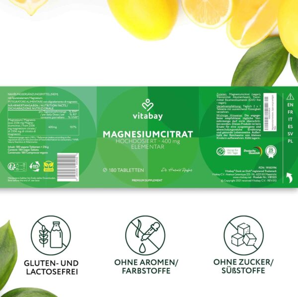 Vitabay Magnesium Citrate 2556mg Hochdosiert - 180 Tabletten Vegan & Laborgeprüft - Magnesiumcitrate - Trägt zu einem normalen Energiestoffwechsel und einer normalen Muskelfunktion bei – Bild 7