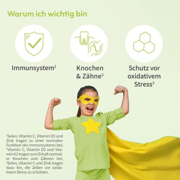 Vitamine für Kinder – für das Immunsystem – zuckerfrei – Omega-3, Vitamin C, D3+K2, Selen, Zink – 90 Mini-Kapseln (1 Monat) – Bild 2