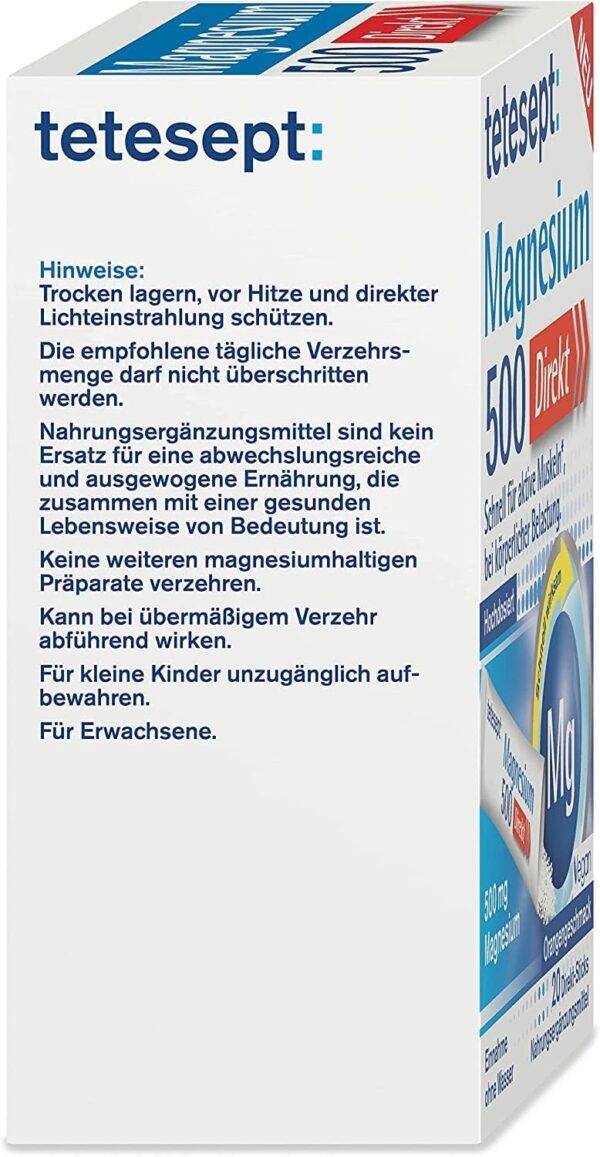 tetesept Magnesium 500 Direkt – Nahrungsergänzungsmittel mit Magnesium Pulver zur Einnahme ohne Wasser - Schnell für aktive Muskeln – 1 x 20 Direkt-Sticks – Bild 8