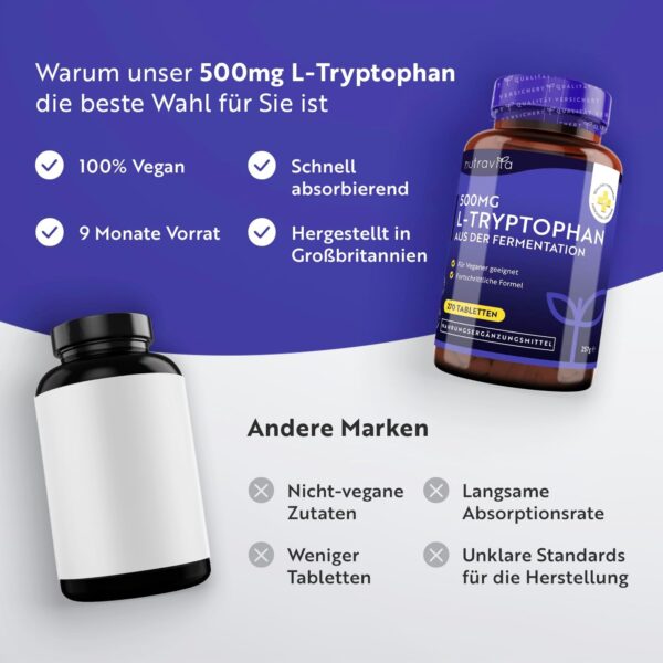 L-Tryptophan 500mg Hochdosiert - 270 Vegane Tabletten - Aus Pflanzlicher Fermentation - Premium Qualität L Tryptophan - Ohne Synthetische Bindemittel und Füllstoffe - Hergestellt von Nutravita – Bild 5