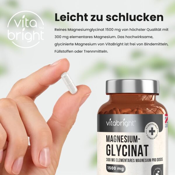 Magnesium Glycinat Hochdosiert 180 Kapseln | 1500mg Pure Magnesium Bisglycinat Pulver - 300mg Elementares Mg | Magnesiumglycinat Ohne Zusatzstoffe | VitaBright Bio Magnesiumbisglycinat – Bild 5