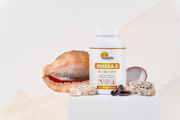 Sowelo Omega-3 - 1000mg I mit Vitamin D3 K2 E I Essentielle Omega 3 Fettsäuren Hochdosiert I Unterstützt die Natürliche Immunität I Einfluss auf die Senkungm LDL-Cholesterins I 100 Softgels – Bild 5