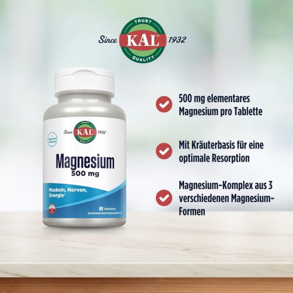 KAL Magnesium | 500 mg | 60 Tabletten | laborgeprüft | Nahrungsergänzungsmittel mit L-Arginin und L-Glutamin | Energieproduktion des Körpers | Gesunde Funktion von Nerven & Muskeln – Bild 3