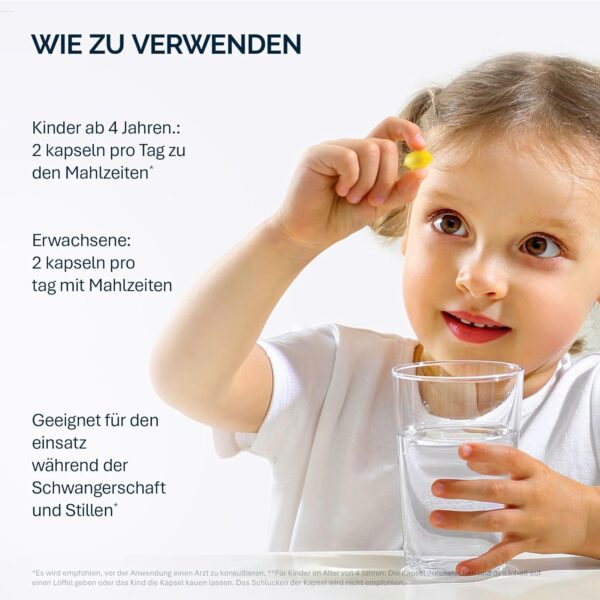 NFO OMEGA-3 KIDS [120 Kapseln] aus Fischgelatine, Hochdosiertes norwegisches Fischöl mit EPA und DHA in Triglyceridform sowie Ringelblumenextrakt, Vitamin D3, A, C und E, Für Kinder ab 4 Jahren – Bild 5