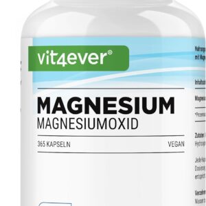 Magnesium - 365 Kapseln (12 Monate) - 665 mg je Kapsel, davon von 400 mg elementares Magnesium - Laborgeprüft - Hochdosiert - Ohne unerwünschte Zusätze - Vegan