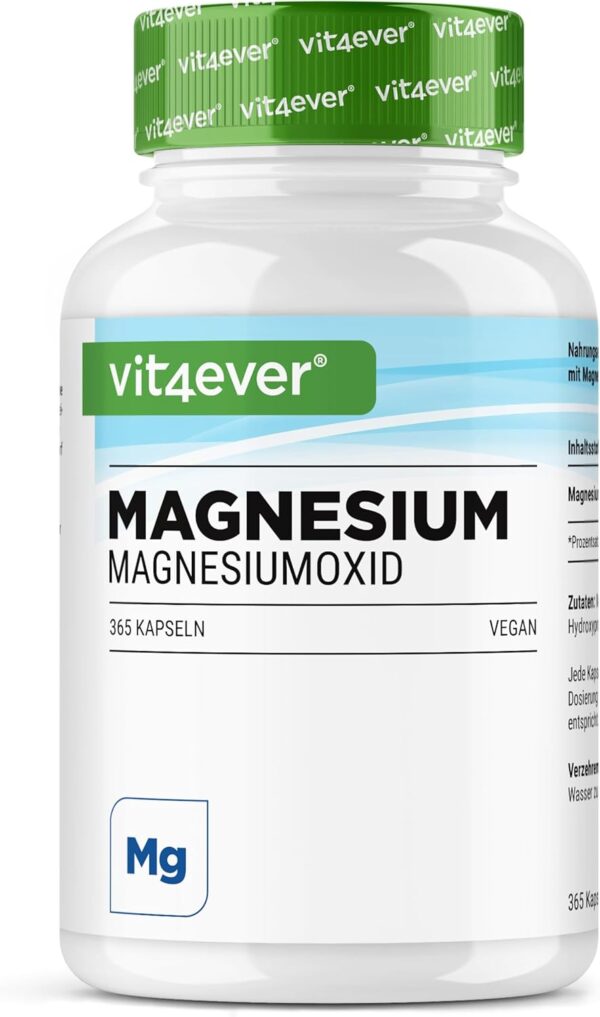 Magnesium - 365 Kapseln (12 Monate) - 665 mg je Kapsel, davon von 400 mg elementares Magnesium - Laborgeprüft - Hochdosiert - Ohne unerwünschte Zusätze - Vegan