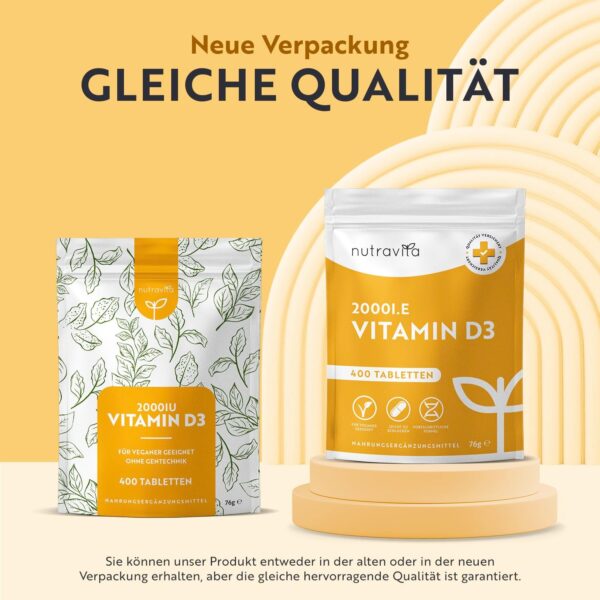 Vitamin D3 2000 I.E - 400 Tabletten (1+ Jahr) - Vegetarisch - Hochdosiert Sonnenvitamin für Immunsystem, Knochen, Zähne & Muskeln - Vitamin D Hochdosiert - Laborgeprüft Cholecalciferol - Nutravita – Bild 6