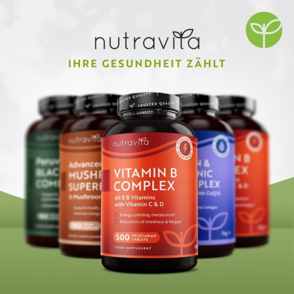 Vitamin B Komplex mit Vitamin C + D + Biotin - 500 Tabletten für +1 Jahr Vorat, Stoffwechsel, Psychische Funktion, Nervensystem (EFSA) - Nutravita – Bild 7