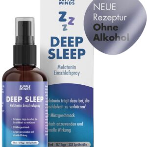 SUPPLEMINDS Deep Sleep Spray – Extra starkes Melatonin Einschlafspray hochdosiert mit 0,5mg Melatonin pro Sprühstoß, Schlafspray mit Minzgeschmack, ohne Alkohol, vegan + zuckerfrei, 50ml