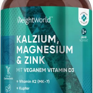 Kalzium Magnesium Zink - 400 Tabletten 1+ Jahr - Magnesium, Vitamin D3, K2, Bor, Selen, Kupfer - 500mg Calcium - Vegan - 1 Tablette Pro Tag - Glutenfrei - Alternativ zu Kapseln - WeightWorld