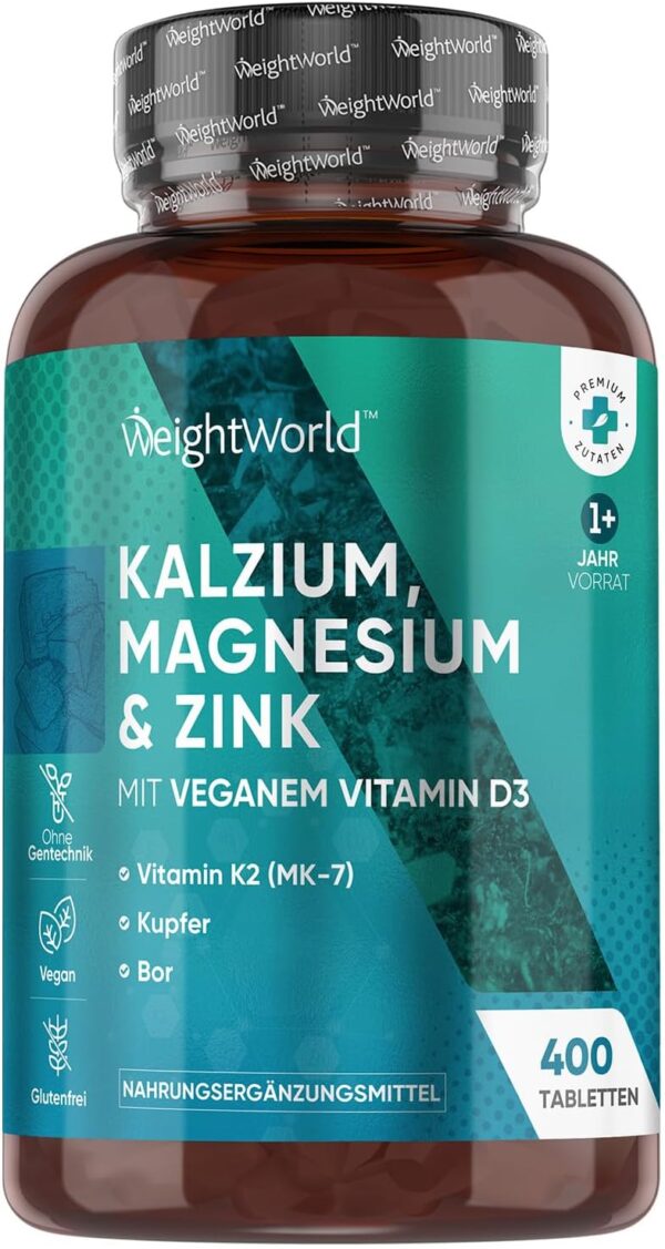 Kalzium Magnesium Zink - 400 Tabletten 1+ Jahr - Magnesium, Vitamin D3, K2, Bor, Selen, Kupfer - 500mg Calcium - Vegan - 1 Tablette Pro Tag - Glutenfrei - Alternativ zu Kapseln - WeightWorld