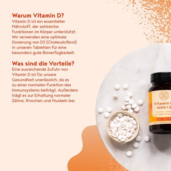 Vitamin D3 1000 I.E. – 400 Tabletten über 1 Jahr Vorrat – Vitamin D für Immunsystem, Knochen, Zähne & Muskeln – Hochdosiert - Vegetarisch - Alpha Foods – Bild 4