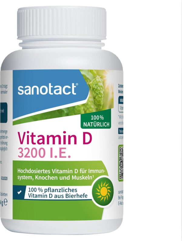 sanotact Vitamin D 3200 ie 100% pflanzliches Vitamin D aus Bierhefe, 90 natürliche Tabletten, vegan