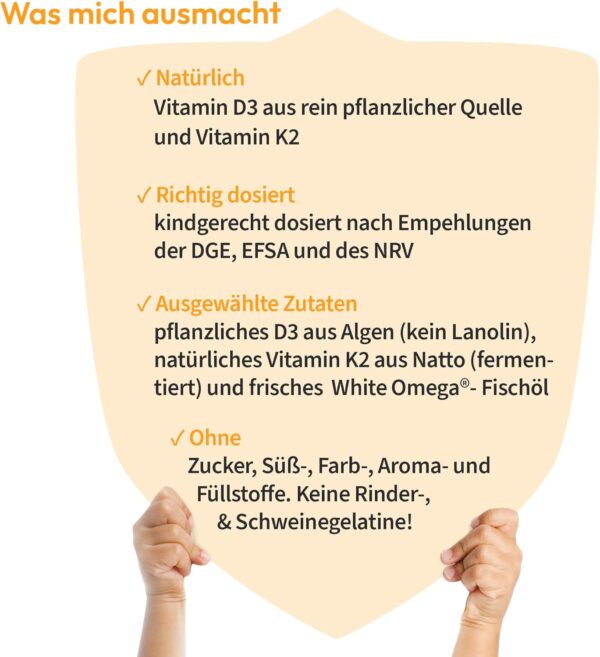 Vitamin D3+K2 für Kinder – zuckerfrei – 800 IE Vitamin D3 – mit 25 µg Vitamin K2 und 194 mg Omega-3 – 45 Mini-Kapseln (1,5 Monate) – Bild 3