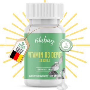 Vitabay - Vitamin D3 10000 I.E. - 120 Vegane Vit D 10000 Tabletten - Vitamin D Hochdosiert - Laborgeprüft