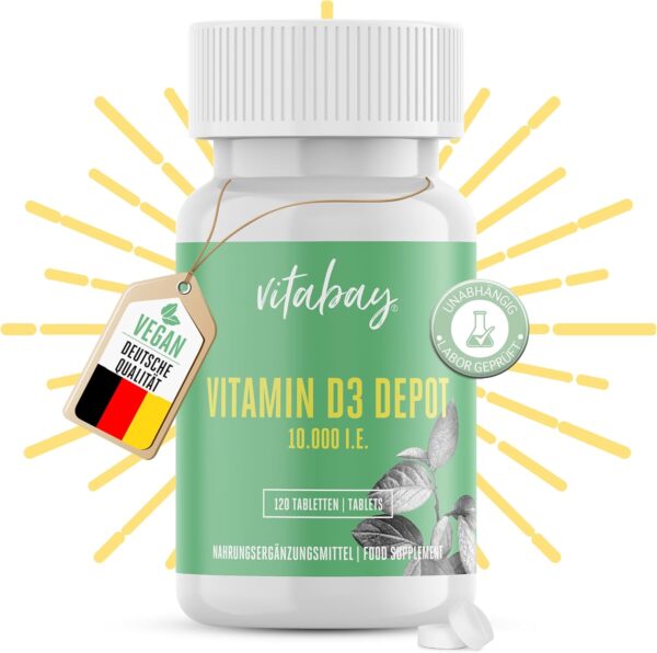 Vitabay - Vitamin D3 10000 I.E. - 120 Vegane Vit D 10000 Tabletten - Vitamin D Hochdosiert - Laborgeprüft