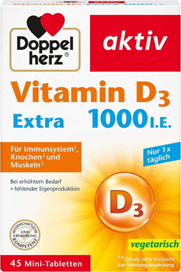 Doppelherz Vitamin D 1000 - Vitamin D als Beitrag zur normalen Funktion des Immunsystems, der Knochen & Muskelfunktion - 45 Mini-Tabletten