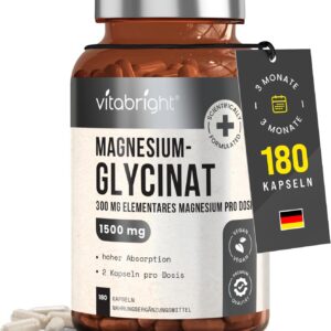 Magnesium Glycinat Hochdosiert 180 Kapseln | 1500mg Pure Magnesium Bisglycinat Pulver - 300mg Elementares Mg | Magnesiumglycinat Ohne Zusatzstoffe | VitaBright Bio Magnesiumbisglycinat