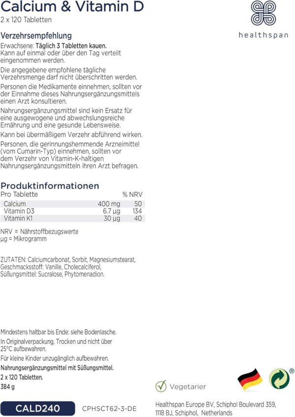 Healthspan Kalzium & Vitamin D | hochfestes reines Kalziumpräparat | Natürliche Quelle von Vitamin D3 | Zusätzliches Vitamin K für Knochengesundheit | Vanille | Vegetarisch | 240 Kautabletten – Bild 6