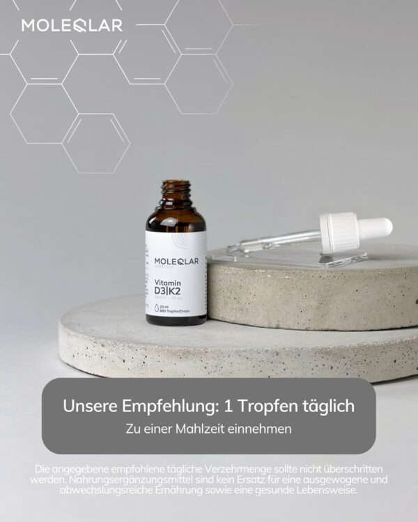 MoleQlar Vitamin D3 K2 Tropfen - 1000 I.E. Vitamin D3 + 20 μg all-trans Vitamin K2 M-K7 pro Tropfen - Hoch bioverfügbar dank MCT-Öl - vegetarisch & ohne Zusätze - Vitamin D3-K2 Öl – Bild 4