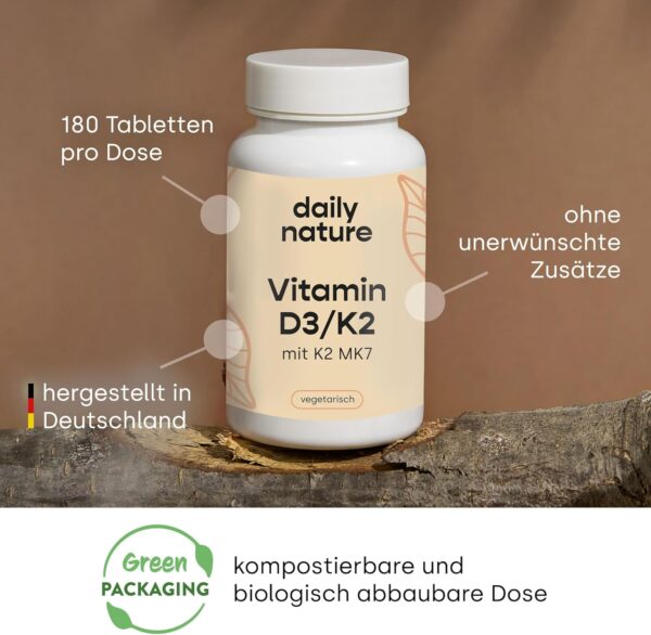 dailynature Vitamin D3 + K2 | 180 Tabletten mit je 5.000 IE D3 hochdosiert + 100 µg K2 | Nahrungsergänzungsmittel - vegetarisch, ohne unerwünschte Zusätze, glutenfrei & laktosefrei | laborgeprüft – Bild 3