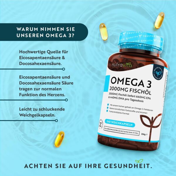 Omega 3 Kapseln hochdosiert 240-2000mg Fischöl Kapseln mit 660mg EPA & 440mg DHA pro Portion - Omega 3 Öl, Reines Fischöl aus nachhaltiger Fischerei - Geprüft/Zertifiziert in Deutschland - Nutravita – Bild 2